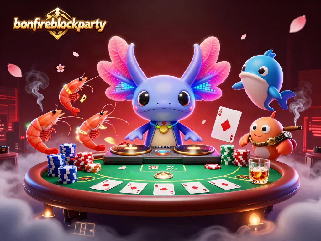 Engage in the excitement at bonfireblockparty while immersing in a vibrant casino atmosphere with neon characters and poker elements.