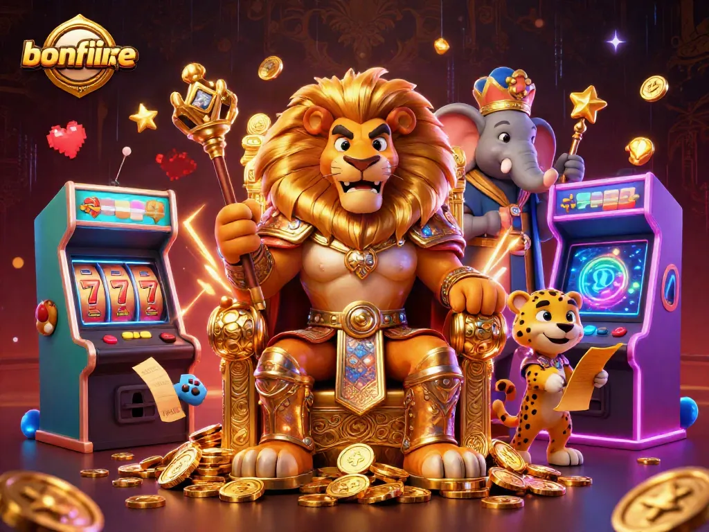 Join the bonfireblockparty with a fierce lion king and gaming elements in an exciting casino scene.