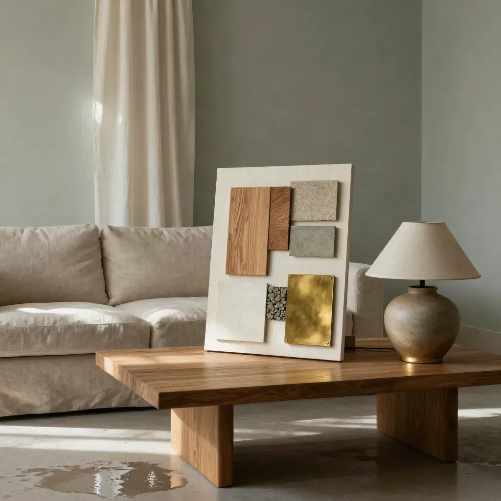Salón mediterráneo con sofá de lino, mesa de roble, lámpara cerámica y muestras de materiales