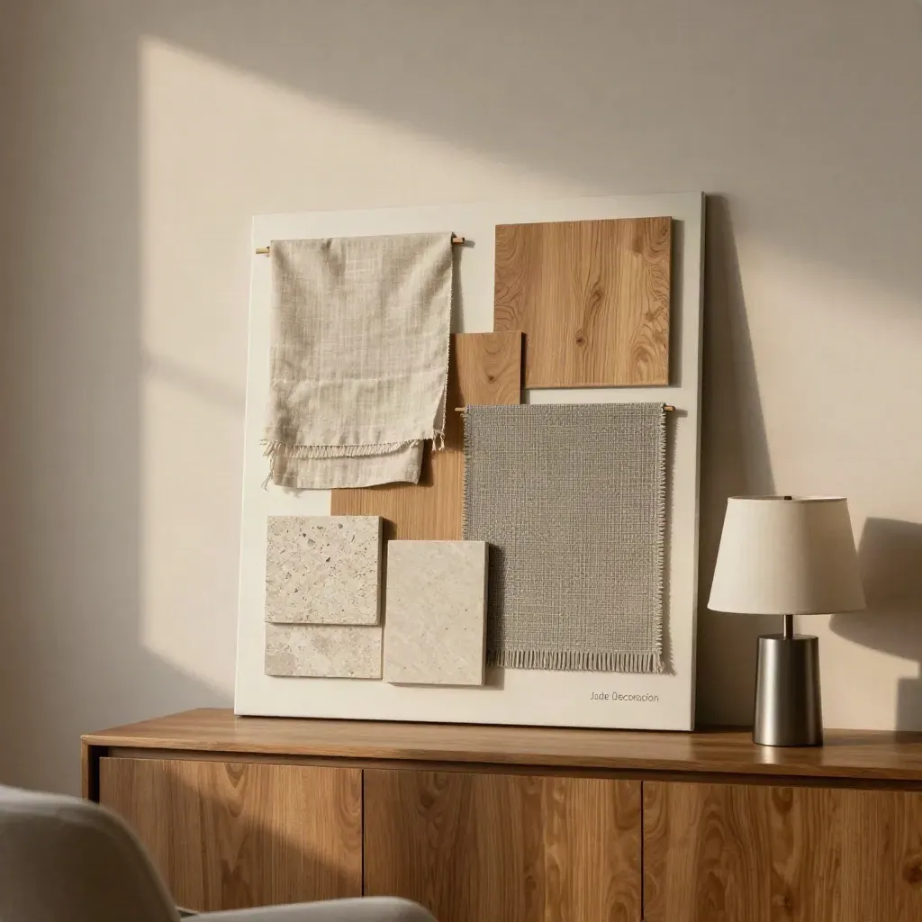 Panel de mood board con muestras de lino, roble y piedra junto a una lámpara pequeña.