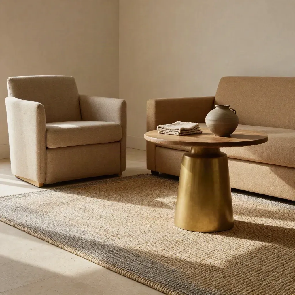 Rincón de salón con butaca, sofá bajo y mesa auxiliar de madera bajo luz cálida.