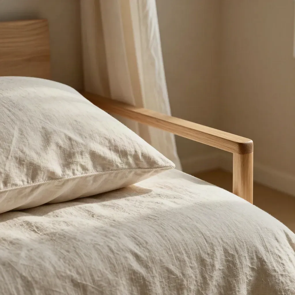 Detalle macro de dormitorio sereno con lino, madera clara y cortina suave en luz cálida.