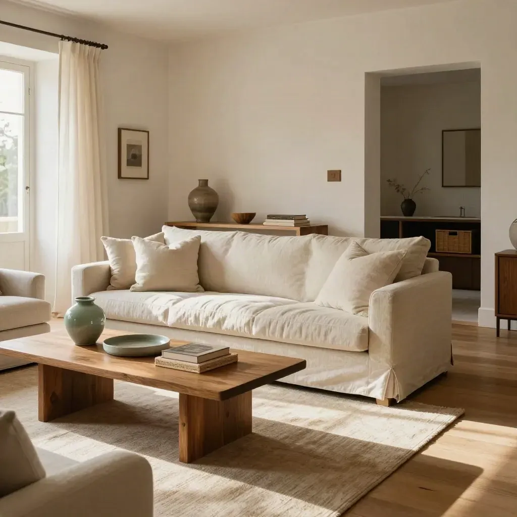 Salón claro y ordenado con sofá neutro, mesa de madera y acento verde jade.