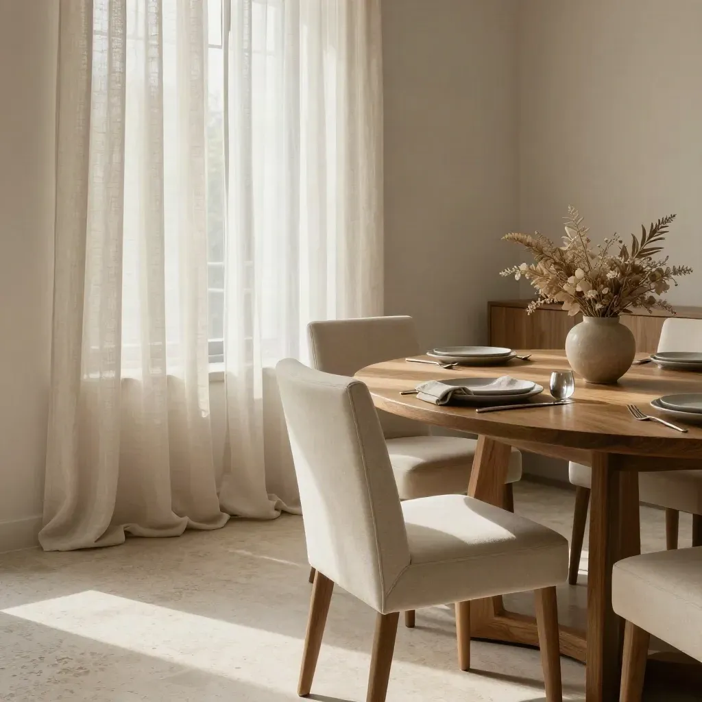 Comedor elegante listo para visitas, con mesa de roble, sillas crema y cortinas nuevas.