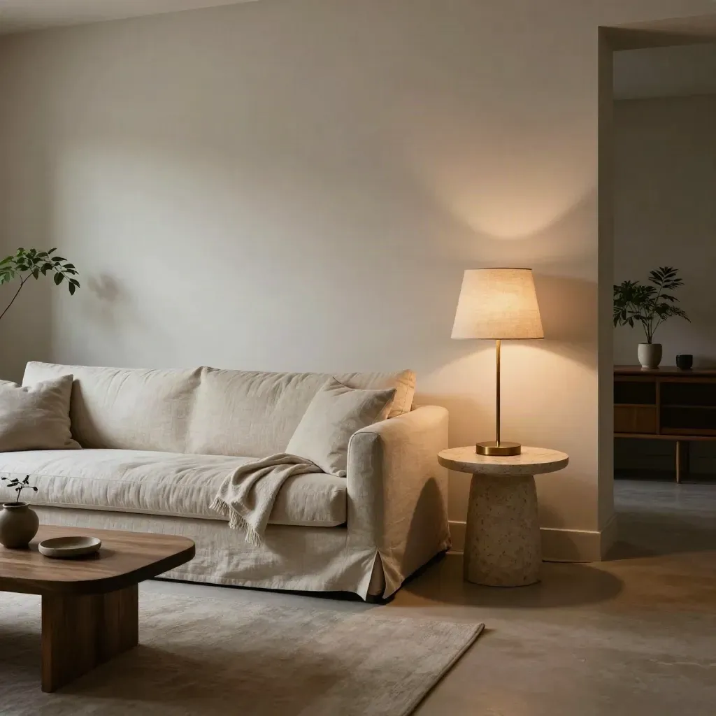 Sala de espera elegante con sofá bajo, mesa redonda, lámpara y plantas en luz suave.