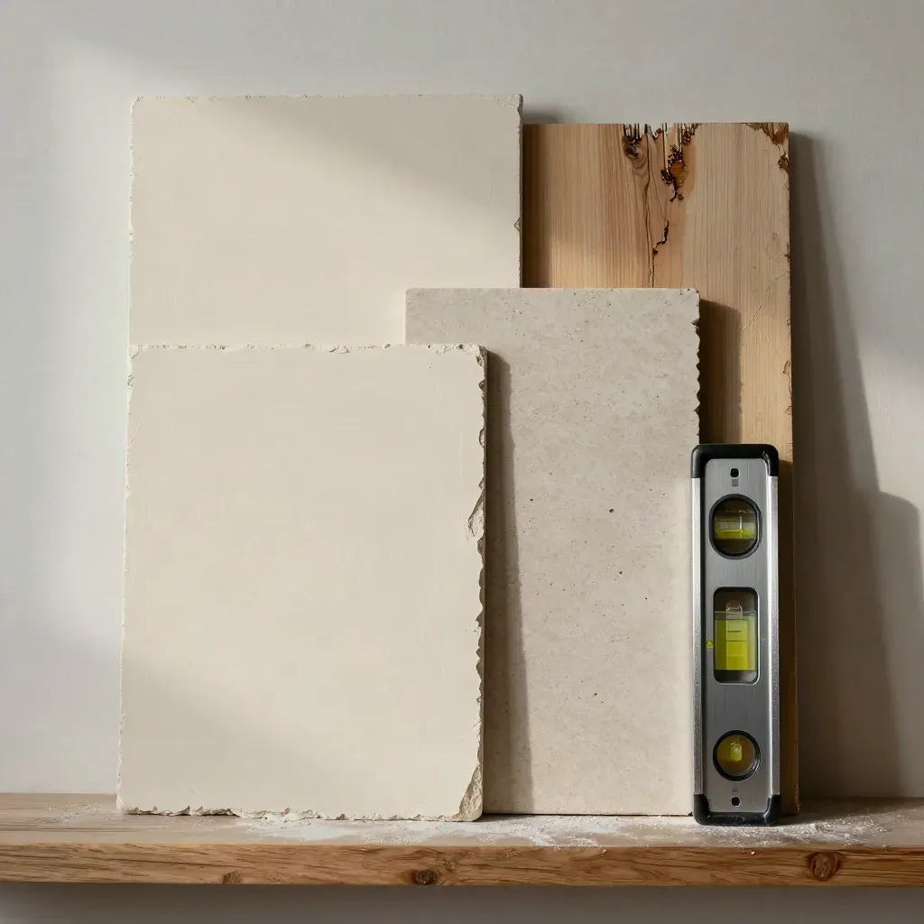 Muestras de pared, astilla de madera, piedra clara y nivel sin marca con polvo de yeso.