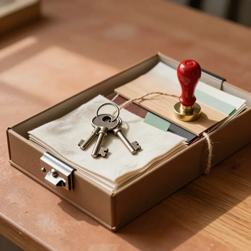 Caja de archivo con llaves, clips, yute, lacre y muestras ordenadas sobre mesa terracota.