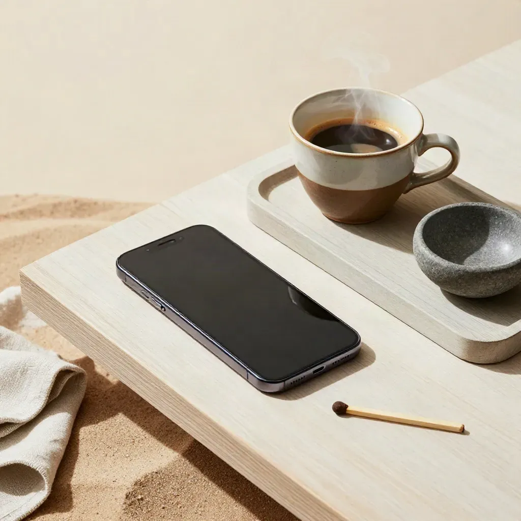 Teléfono apagado con café, lino, cerilla y cuenco de piedra sobre bandeja de madera clara.