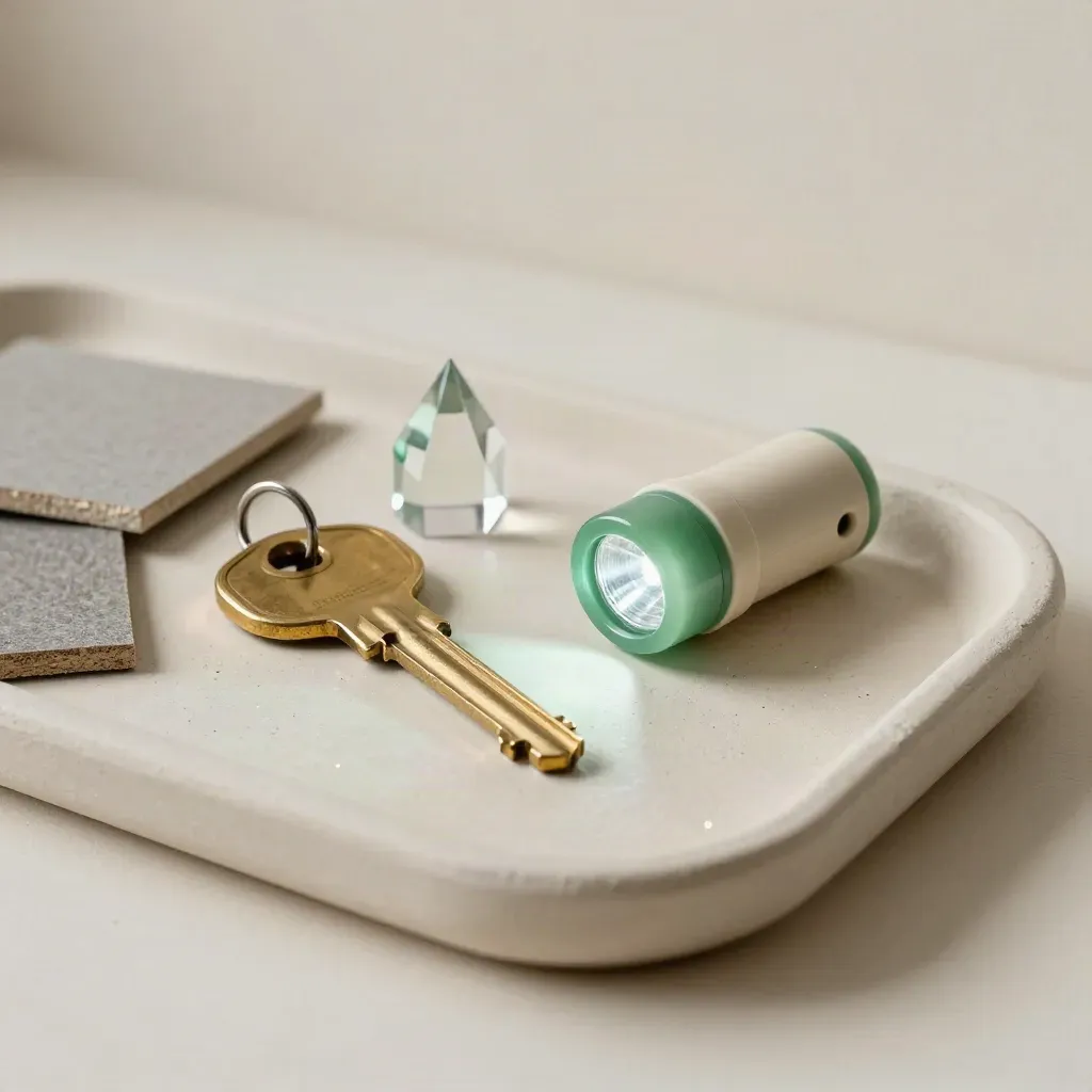 Llave, linterna y prisma sobre bandeja con muestra de suelo, luz jade y pared.