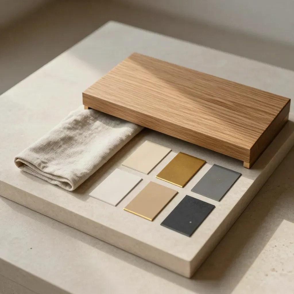 Caja abierta con muestras de roble, lino, piedra y color sobre bandeja de piedra.