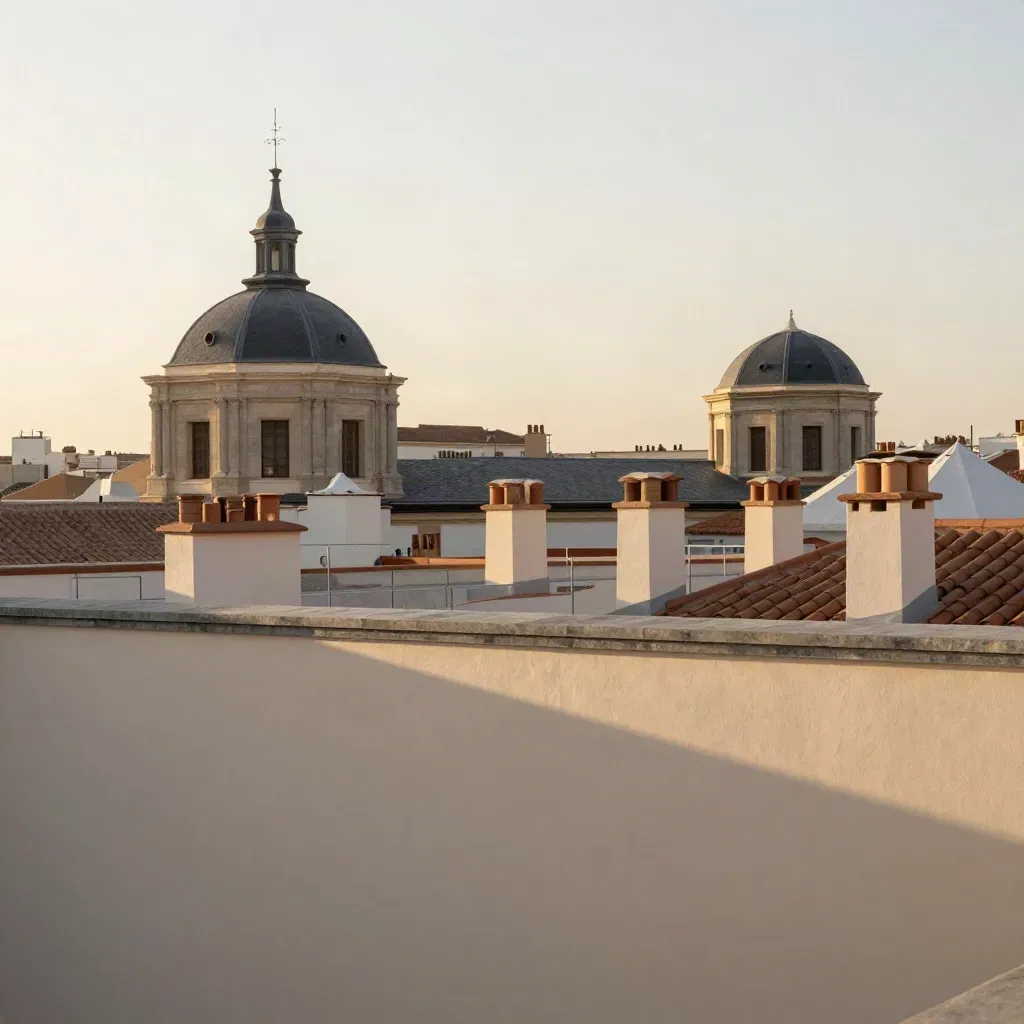 Tejados históricos de Madrid con cúpulas y cornisas en luz dorada y bruma cálida.