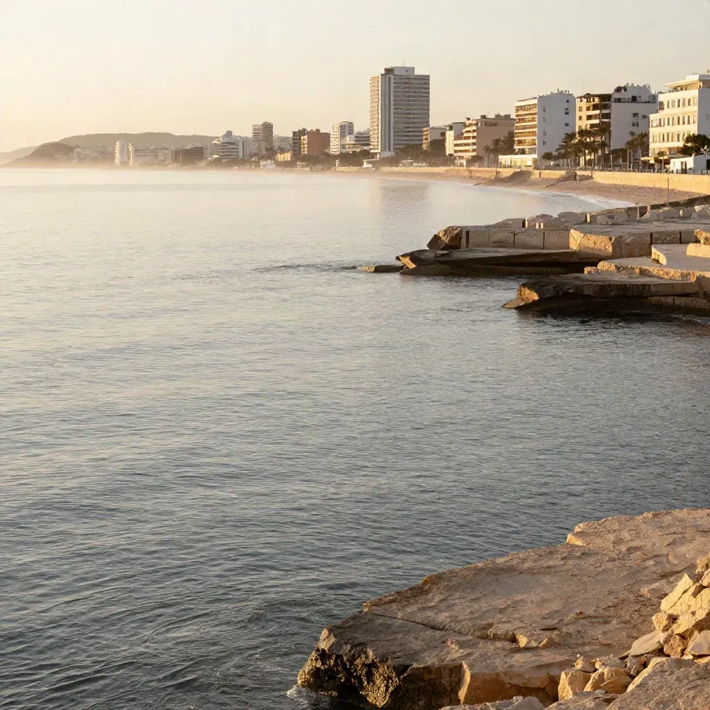 Costa valenciana al atardecer con mar calmado, bruma marina y arquitectura moderna lejana.