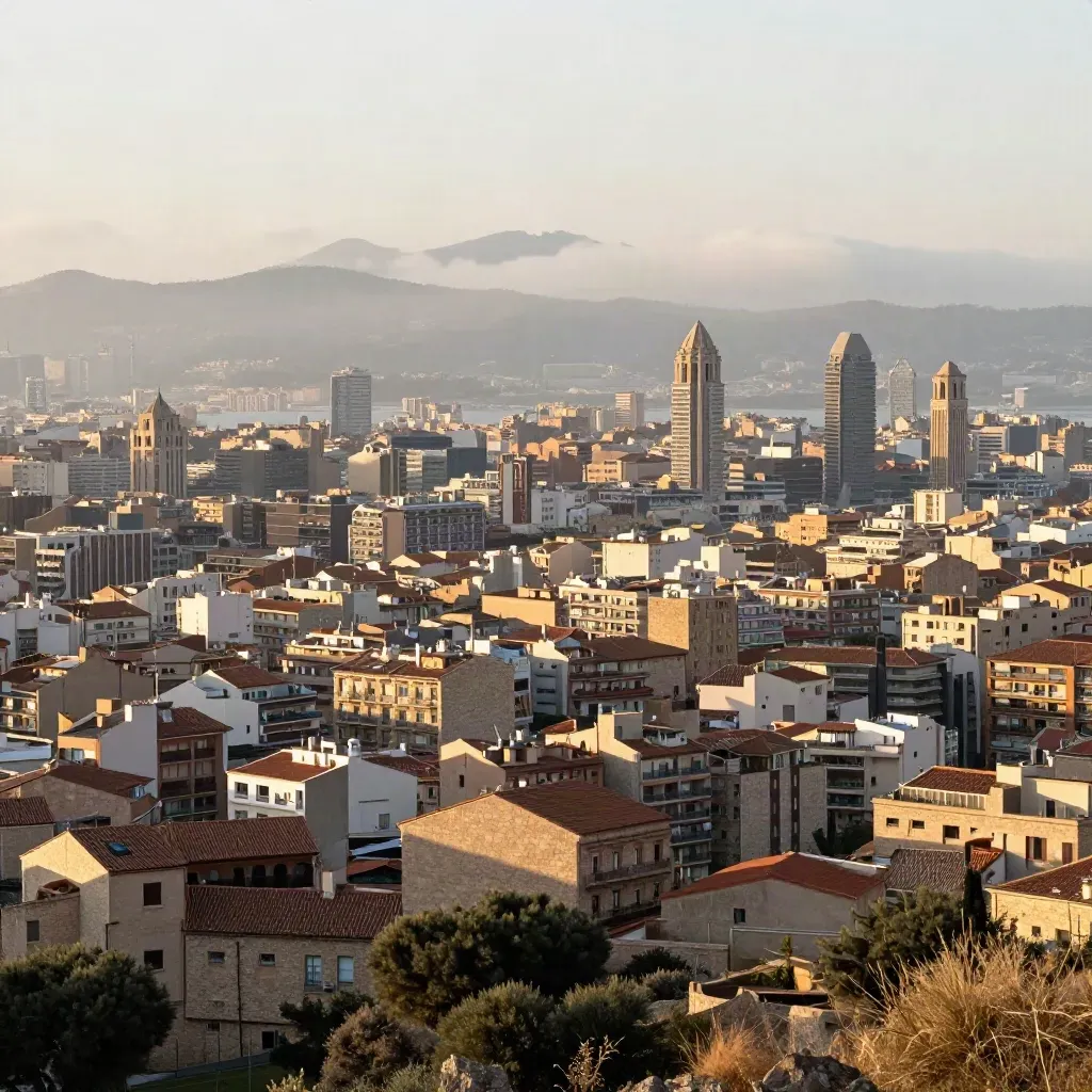 Perfil de Barcelona con colinas, tejados de terracota y bruma costera.