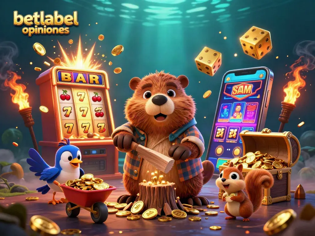 Experience betlabel opiniones in vibrant casino-themed 3D illustration featuring dynamic characters and game elements.
