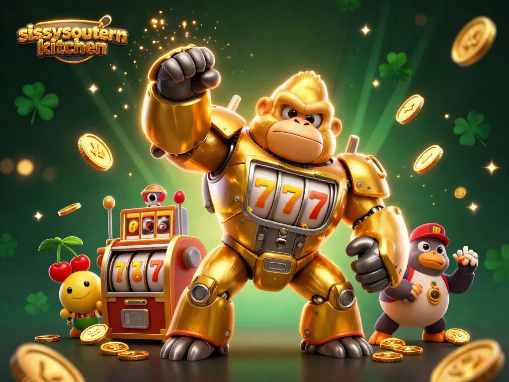 Sissyssouthernkitchen showcases a vibrant 3D illustration of a golden gorilla mech activated by slot machine parts, exploding with coins to represent casino excitement.